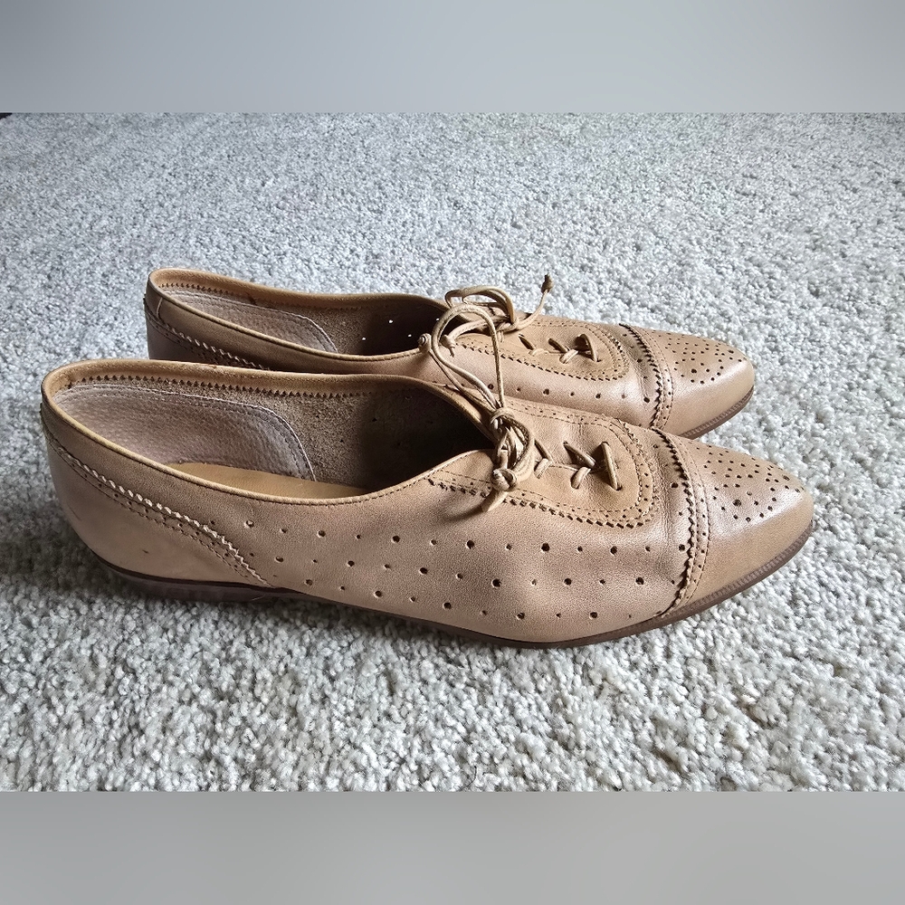 Vintage 9 West Beige Soft Leather Lace Up Oxford Flat Made In Brazil Sz. 8.5 M - Picture 3 of 7